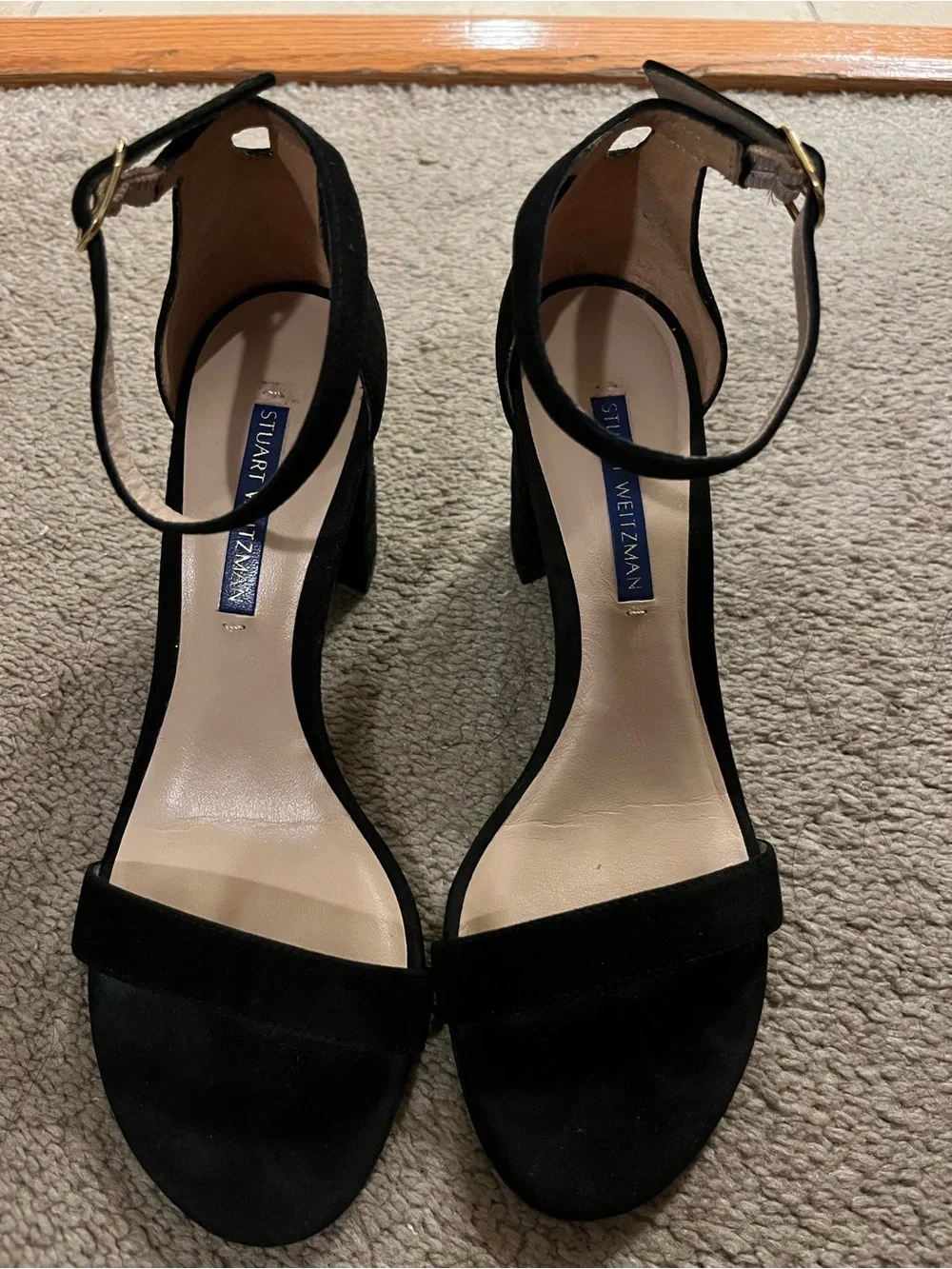 Stuart Weitzman Black Suede Ankle-Strap Block Heel Sandals